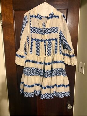 Women’s white and navy Dress with Blue Geometric Trim